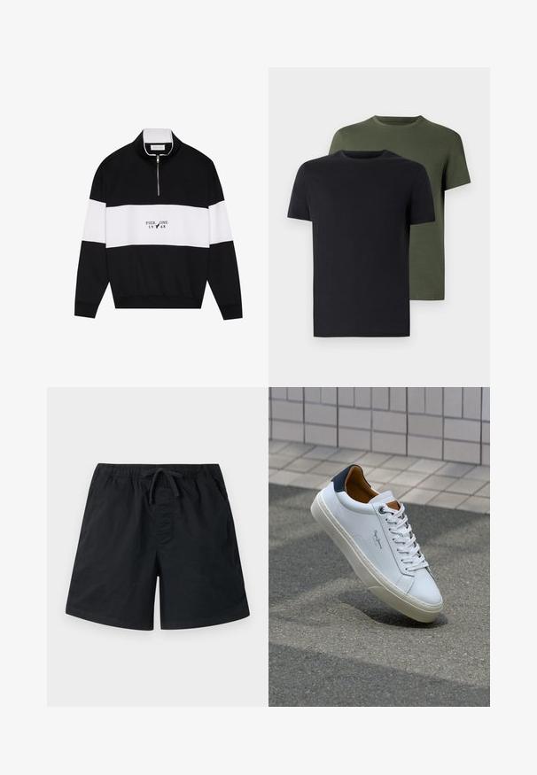 Pier One - Bluza; Dwa t-shirty z okrągłym dekoltem w czarnym i oliwkowym kolorze, wykonane z miękkiej bawełny. Design jest prosty, posiada krótkie rękawy i prosty krój.; Czarne szorty kąpielowe z elastycznym pasem i sznurkiem do regulacji. Posiadają boczne kieszenie oraz gładki, lekki materiał. Standardowy krój.; Białe skórzane trampki z granatowym piętkiem, okrągłym noskiem i kontrastowymi brązowymi akcentami. Posiadają płaskie sznurówki i teksturowaną gumową podeszwę.