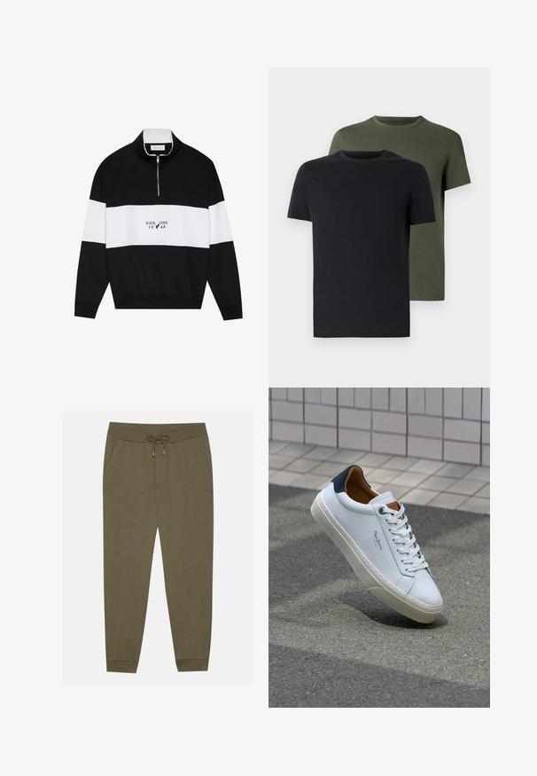 Pier One Sweater - jet black; Twee crew-neck t-shirts in zwart en olijfgroen, gemaakt van zachte katoen. Het ontwerp is eenvoudig met korte mouwen en een rechte snit.; Olijfgroene joggerbroek met een elastische tailleband, trekkoord, zijzakken en taps toelopende pijpen. Gemaakt van zachte stof met een gladde textuur.; Witte leren sneaker met een marineblauwe hiel, ronde neus en contrasterende bruin accent. Beschikt over platte veters en een gestructureerde rubberen zool.