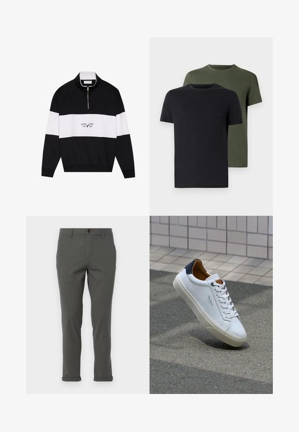 Pier One Športni pulover - jet black; Dve majice s okroglim izrezom v črni in olivno zeleni barvi, narejene iz mehkega bombažnega materiala. Oblikovanje je preprosto, z kratkimi rokavi in ravnim krojem.; Sive hlače s ravnim krojem, narejene iz lahkega blaga, z zavihkom na robu in enim sprednjim gumbom za zapiranje.; Beli usnjeni čevelj s plavo peto, okrogelimi prsti in kontrastnimi rjavimi detajli. Ima ravne vezalke in teksturiran gumijast podplat.