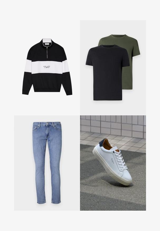 Pier One Mikina - jet black; Dvé tričká s okrúhlym výstrihom v čiernej a olivovej zelenej farbe, vyrobené z mäkkej bavlnenej látky. Dizajn je jednoduchý s krátkymi rukávmi a rovný strih.; Svetlomodré deninové džínsy s úzkym strihom. Obsahujú päť vreciek, predné zapínanie na gombík a minimálne detaily šitia. Hladký materiál.; Biele kožené tenisky s námorníckym opätkom, okrúhlou špičkou a kontrastnými hnedými akcentami. Majú ploché šnúrky a textúrovanú gumovú podrážku.