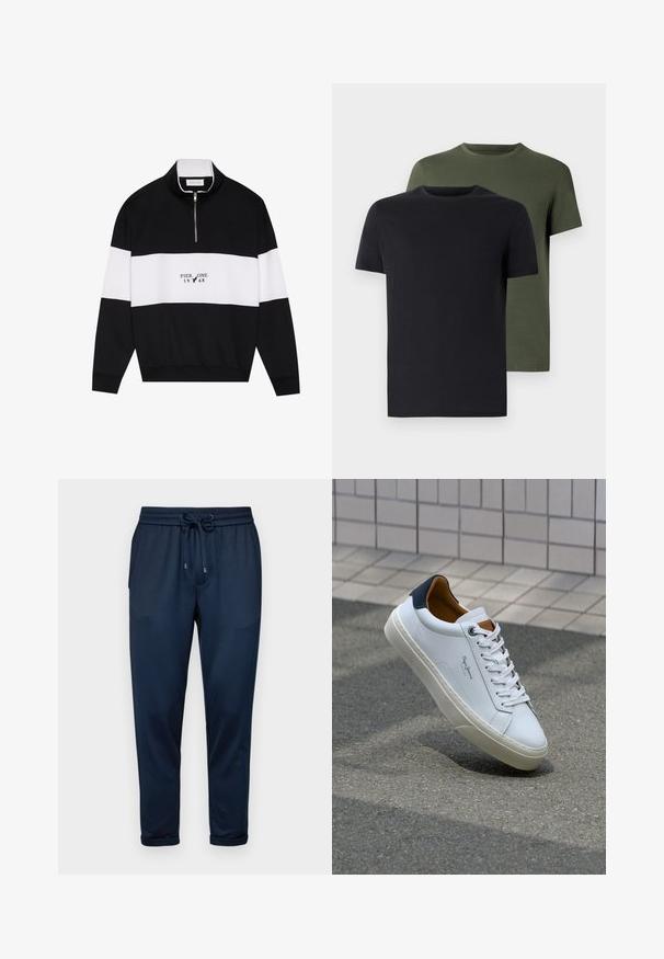 Pier One Sweatshirt - jet black; Two crew-neck t-shirts in black and olive green, made of soft cotton fabric. The design is simple with short sleeves and a straight cut.; Only & Sons SLINUS - Tracksuit bottoms - navy; White leather sneaker with a navy heel, round toe, and contrasting brown accents. Features flat laces and textured rubber sole.