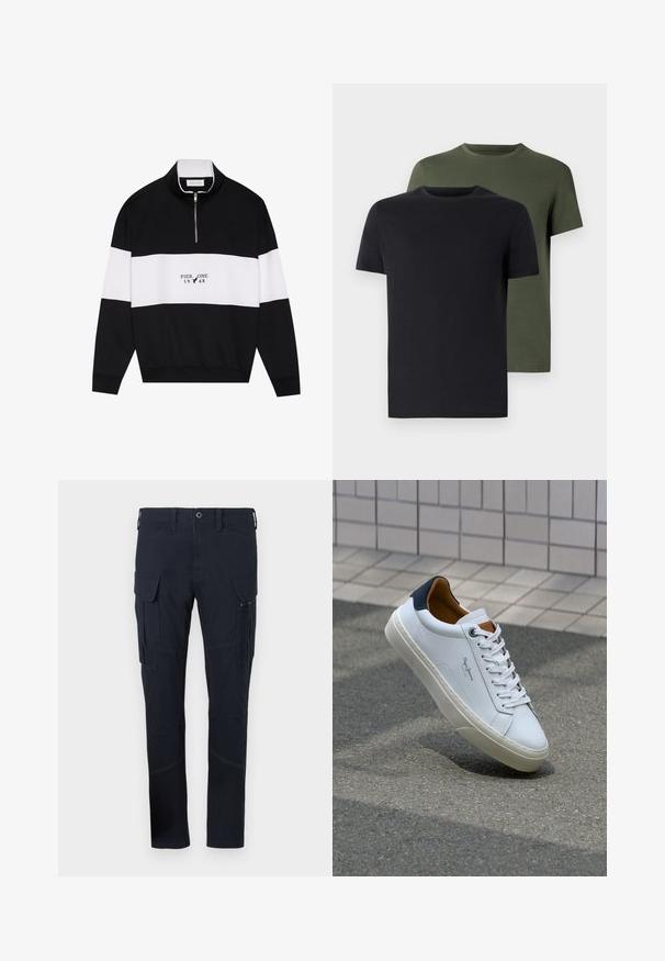 Pier One Collegepaita - jet black; Kaksi miehen kaula-aukolla varustettua t-paitaa mustana ja oliivinvihreänä, valmistettu pehmeästä puuvillakankaasta. Suunnittelu on yksinkertainen, lyhyet hihat ja suora leikkaus.; Tumma laivastonsininen kangas, jossa on useita taskuja, mukaan lukien sivulokero-taskut, sekä näkyvät ompeluyksityiskohdat. Slim-fit-malli.; Valkoinen nahkakenkä, jossa on tummansininen kantapää, pyöreä kärki ja ristikkäiset ruskeat korostukset. Varustettu tasapaksuilla nauhoilla ja teksturoidulla kumipohjalla.