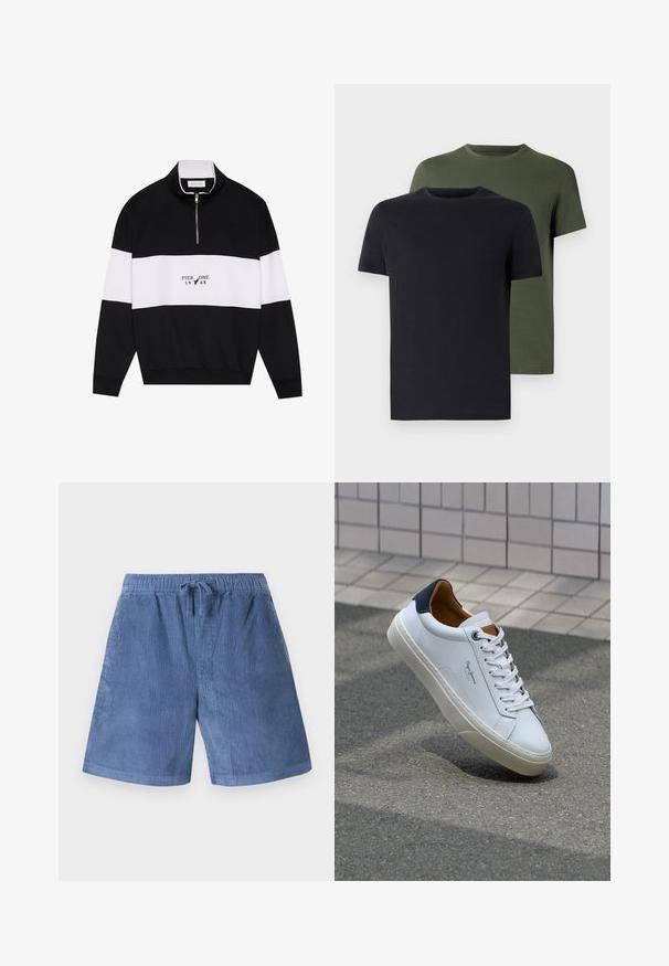 Pier One Sweatshirt - jet black; Deux t-shirts col ras du cou en noir et vert olive, fabriqués en coton doux. Le design est simple avec des manches courtes et une coupe droite.; Shorts en velours côtelé bleu avec une taille élastique et un cordon de serrage. Présente une texture riblée verticale et une coupe droite.; Sneaker en cuir blanc avec un talon bleu marine, bout rond et accents marron contrastés. Dispose de lacets plats et d'une semelle en caoutchouc texturée.