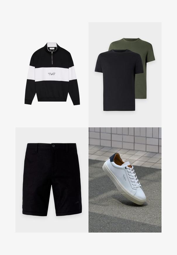 Pier One Sweatshirt - jet black; To stykker crew-neck t-shirts i sort og olivengrøn, lavet af blødt bomuldsstof. Designet er enkelt med korte ærmer og lige skæring.; Sorte shorts med en glat overflade, der har knaplukning, traditionelle lommer og opbrettede kanter. Fremstillet af letvægtsstof.; Hvide lædersneakers med en marineblå hæl, rund tå og kontrasterende brune detaljer. Har flade snørebånd og en tekstureret gummisål.