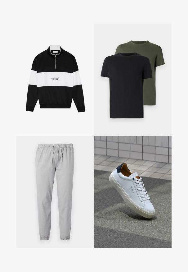 Pier One Sudadera - jet black; Dos camisetas de cuello redondo en negro y verde oliva, hechas de suave tela de algodón. El diseño es simple, con mangas cortas y corte recto.; Pantalones jogger de color gris claro, confeccionados en una tela suave, con una cinturilla elástica y un cordón ajustable, y puños ajustados con un acabado fruncido.; Zapatilla de cuero blanca con talón en azul marino, punta redonda y acentos en marrón a contraste. Presenta cordones planos y suela de goma texturizada.