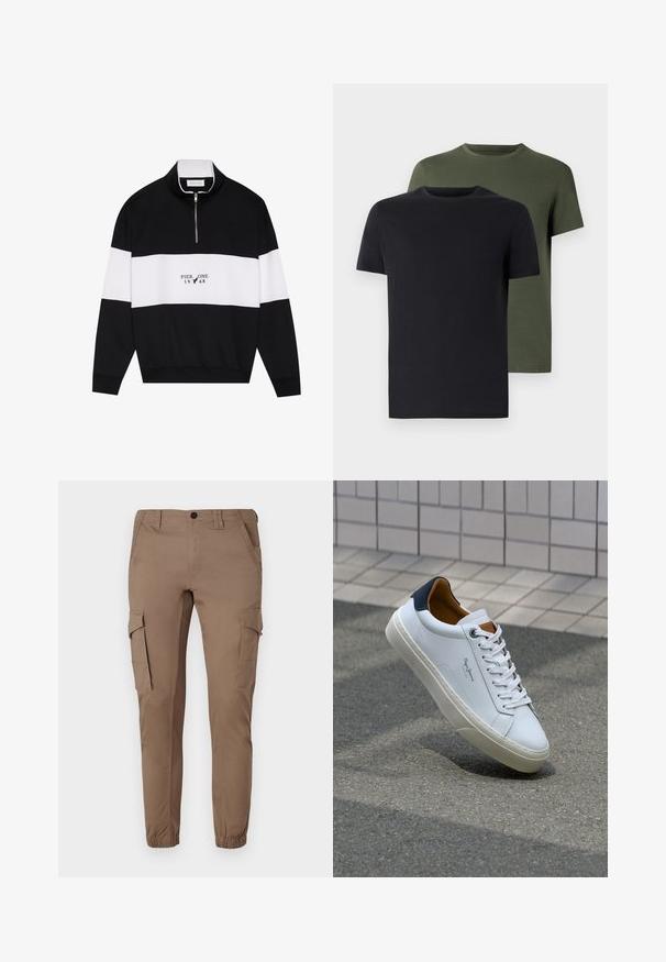 Pier One Felpa - jet black; Due magliette a girocollo in nero e verde oliva, realizzate in morbido cotone. Il design è semplice, con maniche corte e un taglio dritto.; Pantaloni cargo marrone chiaro con polsini elasticizzati, numerose tasche laterali e un design aderente, realizzati in un materiale liscio e resistente.; Sneaker bianca in pelle con tallone blu, punta rotonda e accenti marroni a contrasto. Presenta lacci piatti e suola in gomma testurizzata.