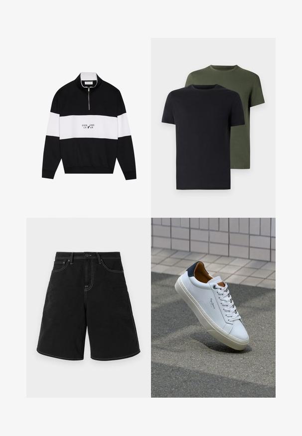 Pier One Sweatshirt - jet black; Zwei Rundhals-T-Shirts in Schwarz und Olivgrün, aus weichem Baumwollstoff gefertigt. Das Design ist schlicht mit kurzen Ärmeln und geradem Schnitt.; Schwarze Jeans-Shorts mit geradem Schnitt, mit kontrastierendem weißen Nähten, vorderen Taschen und einem Knopfverschluss. Glatte Textur.; Weiße Ledersneaker mit navyfarbenem Fersenbereich, runder Zehenpartie und kontrastierenden braunen Akzenten. Verfügt über flache Schnürsenkel und eine strukturierte Gummisohle.