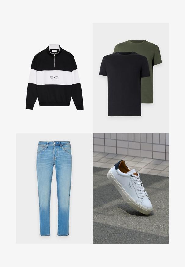 Pier One Pusa - jet black; Kaks ümarate kaelustega t-särki mustas ja oliivrohelises värvuses, valmistatud pehmest puuvillakangast. Kujundus on lihtne, lühikeste varrukatega ja sirge lõikega.; Heledsinine denimpüksid sirge sääre kujundusega, millel on nupu sulgemine, viis taskut ja õrn pleekimine kangal.; Valge nahast tennis, millel on tumesinine konts, ümmargune nina ja kontrastsed pruuni aktsendid. Omab lamepaelti ja tekstureeritud kummist tallat.
