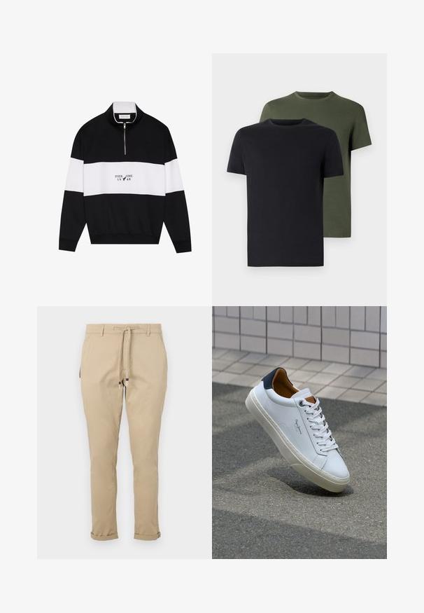 Pier One Bluză de molton - jet black; Două tricouri cu guler rotund, unul negru și unul verde măsliniu, realizate dintr-un material de bumbac moale. Designul este simplu, cu mâneci scurte și tăietură dreaptă.; Pantaloni bej cu șnur, cu un croi conic, având buzunare laterale și tivuri mansetate pentru un design aerodinamic. Construiți dintr-un material ușor.; Adidași din piele albă cu călcâi bleumarin, vârf rotund și accente contrastante de culoare maro. Dispun de șireturi plate și talpă din cauciuc texturat.