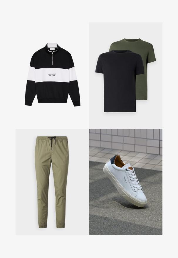 Pier One Sportinis megztinis - jet black; Du vtų polo marškiniai juodos ir alyvuogių spalvos, pagaminti iš minkštos medvilnės. Dizainas yra paprastas, su trumpomis rankovėmis ir tiesiu kirpimu.; Šviesiai alyvuogių spalvos treningai, pagaminti iš minkštos medžiagos, su elastingu juosmeniu ir raišteliu, taip pat su elastingomis rankovėmis ties kulkšnimi.; Balti odiniai sportbačiai su mėlynu kulnu, apvalia nosimi ir kontrastingais rudais akcentais. Aptakios raišteliai ir tekstūruota guma.