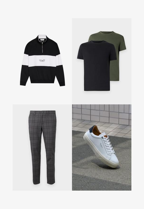 Pier One Sweatshirt - jet black; Zwei Rundhals-T-Shirts in Schwarz und Olivgrün, aus weichem Baumwollstoff gefertigt. Das Design ist schlicht mit kurzen Ärmeln und geradem Schnitt.; Grau karierte Hose aus einem strukturierten Stoff, mit schlankem Schnitt, Gürtelschlaufen und einem einzelnen Knopfverschluss an der Taille.; Weiße Ledersneaker mit navyfarbenem Fersenbereich, runder Zehenpartie und kontrastierenden braunen Akzenten. Verfügt über flache Schnürsenkel und eine strukturierte Gummisohle.