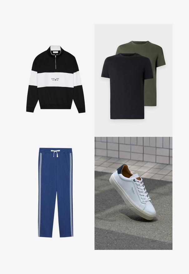 Pier One - Bluza; Dwa t-shirty z okrągłym dekoltem w czarnym i oliwkowym kolorze, wykonane z miękkiej bawełny. Design jest prosty, posiada krótkie rękawy i prosty krój.; Granatowe spodnie sportowe z białymi paskami po bokach, elastycznym pasem, sznurkiem i miękką strukturą materiału, zaprojektowane z myślą o komforcie i swobodzie ruchów.; Białe skórzane trampki z granatowym piętkiem, okrągłym noskiem i kontrastowymi brązowymi akcentami. Posiadają płaskie sznurówki i teksturowaną gumową podeszwę.