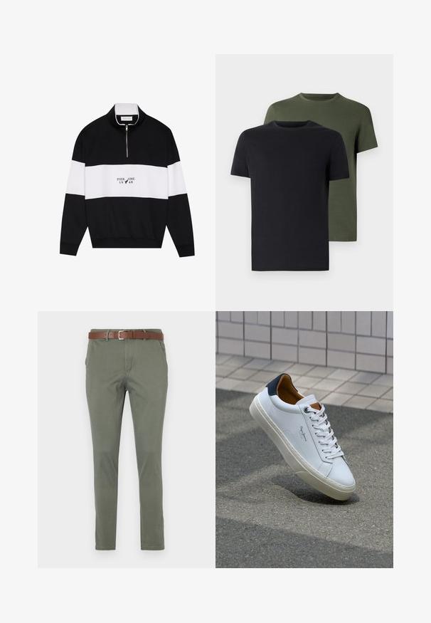 Pier One Collegepaita - jet black; Kaksi miehen kaula-aukolla varustettua t-paitaa mustana ja oliivinvihreänä, valmistettu pehmeästä puuvillakankaasta. Suunnittelu on yksinkertainen, lyhyet hihat ja suora leikkaus.; Oliivinvihreät chinosit suoran leikkauksen kanssa, joissa on ruskea nahvavyö, sivutaskut ja hienovaraisesti teksturoitu kangas.; Valkoinen nahkakenkä, jossa on tummansininen kantapää, pyöreä kärki ja ristikkäiset ruskeat korostukset. Varustettu tasapaksuilla nauhoilla ja teksturoidulla kumipohjalla.