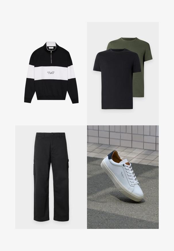 Pier One Sweatshirt - jet black; Två crew-neck t-shirts i svart och olivgrön, tillverkade av mjukt bomullstyg. Designen är enkel med korta ärmar och rak passform.; Svarta cargobyxor med rak bendesign, flera sidofickor och knappstängning. Tillverkade av slitstark, lättvikts tyg.; Vita lädersneakers med en marinblå häl, rund tå och kontrasterande bruna detaljer. Har plana snören och en texturerad gummisula.