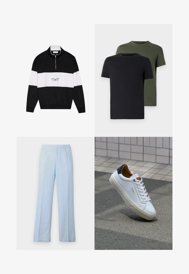 Pier One Sweatshirt - jet black; Zwei Rundhals-T-Shirts in Schwarz und Olivgrün, aus weichem Baumwollstoff gefertigt. Das Design ist schlicht mit kurzen Ärmeln und geradem Schnitt.; Hellblaue, weite Hosen aus weichem Stoff mit gerippter Textur und elastischem Bund, ausgestattet mit Frontfalten und lässiger Passform.; Weiße Ledersneaker mit navyfarbenem Fersenbereich, runder Zehenpartie und kontrastierenden braunen Akzenten. Verfügt über flache Schnürsenkel und eine strukturierte Gummisohle.