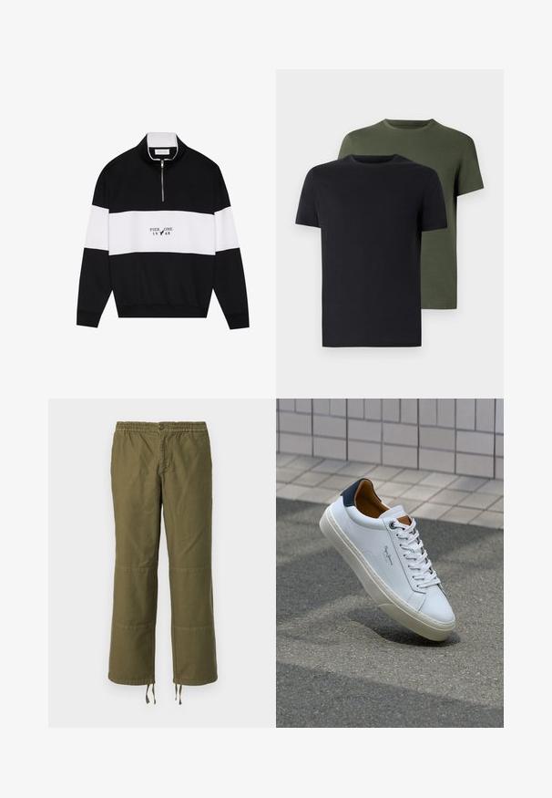 Pier One Sweatshirt - jet black; Two crew-neck t-shirts in black and olive green, made of soft cotton fabric. The design is simple with short sleeves and a straight cut.; Olive green, wide-leg pants made of cotton with an elastic waistband, a button closure, and contrasting patch details on the knees.; White leather sneaker with a navy heel, round toe, and contrasting brown accents. Features flat laces and textured rubber sole.