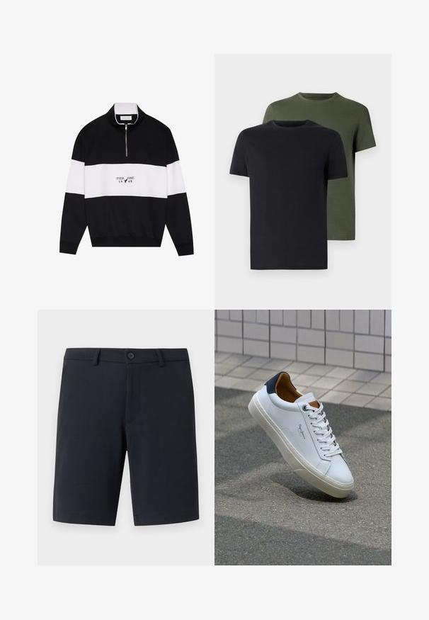 Pier One Sweatshirt - jet black; Deux t-shirts col ras du cou en noir et vert olive, fabriqués en coton doux. Le design est simple avec des manches courtes et une coupe droite.; Shorts bleu marine fabriqués dans un tissu lisse, dotés d'une fermeture à bouton à l'avant, de passants de ceinture et de poches discrètes. Design à ourlet plat.; Sneaker en cuir blanc avec un talon bleu marine, bout rond et accents marron contrastés. Dispose de lacets plats et d'une semelle en caoutchouc texturée.