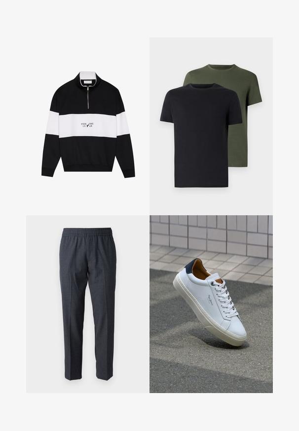 Pier One Pusa - jet black; Kaks ümarate kaelustega t-särki mustas ja oliivrohelises värvuses, valmistatud pehmest puuvillakangast. Kujundus on lihtne, lühikeste varrukatega ja sirge lõikega.; Kootud tumehallid püksid elastse vöökohaga, sirge jala disain, peen tekstuur ning ilma nähtavate riistade või mustriteta.; Valge nahast tennis, millel on tumesinine konts, ümmargune nina ja kontrastsed pruuni aktsendid. Omab lamepaelti ja tekstureeritud kummist tallat.