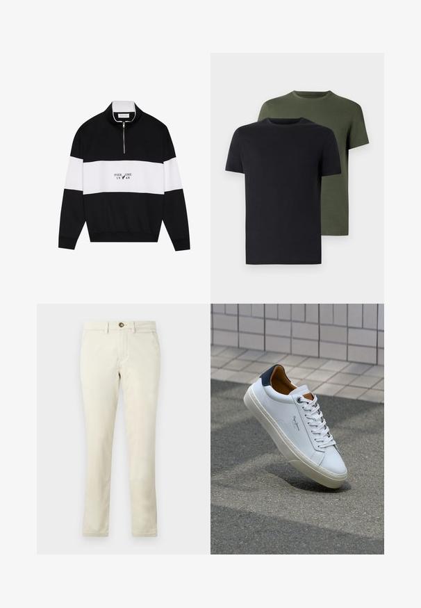 Pier One Sweatshirt - jet black; Two crew-neck t-shirts in black and olive green, made of soft cotton fabric. The design is simple with short sleeves and a straight cut.; Beige cotton chinos with a straight-leg design, featuring a front button closure, two side pockets, and a smooth, slightly textured fabric.; White leather sneaker with a navy heel, round toe, and contrasting brown accents. Features flat laces and textured rubber sole.