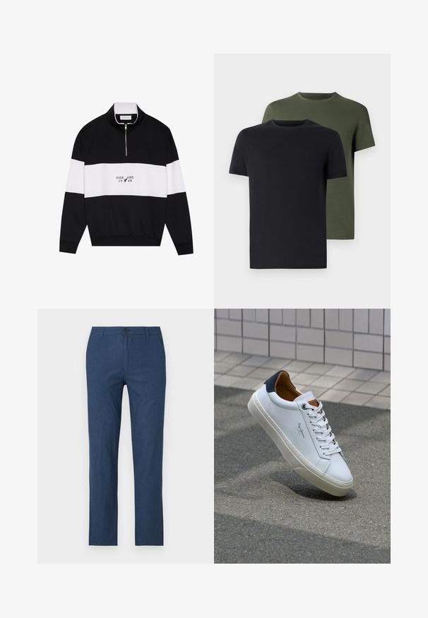 Pier One Sweatshirt - jet black; Två crew-neck t-shirts i svart och olivgrön, tillverkade av mjukt bomullstyg. Designen är enkel med korta ärmar och rak passform.; Mörkblå byxor i ett lättviktigt tyg, med rak passform, dragkedjegylf, knäppning och sidofickor.; Vita lädersneakers med en marinblå häl, rund tå och kontrasterande bruna detaljer. Har plana snören och en texturerad gummisula.