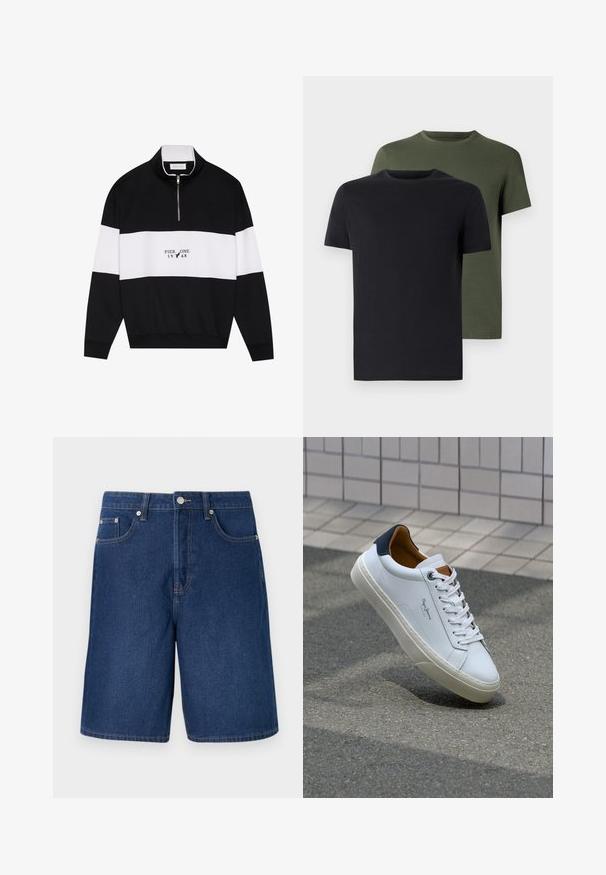 Pier One Sweatshirt - jet black; Two crew-neck t-shirts in black and olive green, made of soft cotton fabric. The design is simple with short sleeves and a straight cut.; Denim shorts in a dark blue shade with a classic cut, featuring five-pocket design and contrasting stitching details.; White leather sneaker with a navy heel, round toe, and contrasting brown accents. Features flat laces and textured rubber sole.