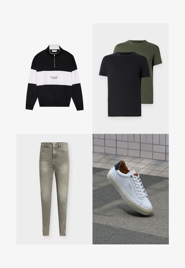 Pier One Melegítőfelső - jet black; Két crew neck póló fekete és olíva zöld színben, puha pamut anyagból. A design egyszerű, rövid ujjú és egyenes szabású.; Világosszürke farmer szűk szabású nadrág magas derékkal, ötpántos kialakítással, enyhén kopott hatással és finom fakulással az anyag egészén.; Fehér bőr sneaker sötétkék sarkúval, kerek orral és kontrasztos barna részletekkel. Lapított fűzőkkel és textúrált gumitalppal rendelkezik.
