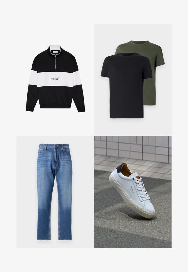 Pier One - Bluza; Dwa t-shirty z okrągłym dekoltem w czarnym i oliwkowym kolorze, wykonane z miękkiej bawełny. Design jest prosty, posiada krótkie rękawy i prosty krój.; Niebieskie dżinsy z efektem stopniowego rozjaśnienia w kierunku dołu, o prostym kroju nogawki, pięcioma kieszeniami i metalowym zapięciem.; Białe skórzane trampki z granatowym piętkiem, okrągłym noskiem i kontrastowymi brązowymi akcentami. Posiadają płaskie sznurówki i teksturowaną gumową podeszwę.