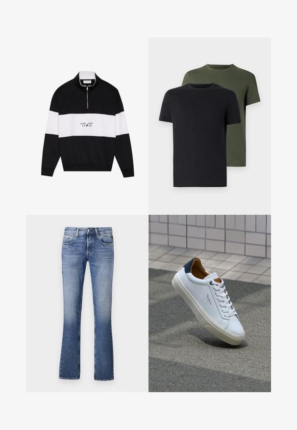 Pier One Sweatshirt - jet black; To t-skjorter med rund hals i svart og olivengrønn, laget av myk bomullstoff. Designet er enkelt med korte ermer og rett snitt.; Lys blå denimjeans med buktende ben, med fem lommer, en frontlukking med knapp og subtil fading gjennom hele.; Hvit lærsneaker med marineblå hæl, rund tå og kontrasterende brune detaljer. Har flate lisser og teksturert gummisåle.