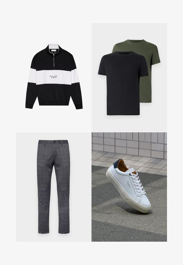 Pier One Sweatshirt - jet black; To t-skjorter med rund hals i svart og olivengrønn, laget av myk bomullstoff. Designet er enkelt med korte ermer og rett snitt.; Grå rutete bukser med slim fit, utstyrt med knappelukking, beltehemper og et teksturert stoff.; Hvit lærsneaker med marineblå hæl, rund tå og kontrasterende brune detaljer. Har flate lisser og teksturert gummisåle.