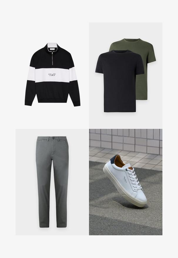 Pier One Sweater - jet black; Twee crew-neck t-shirts in zwart en olijfgroen, gemaakt van zachte katoen. Het ontwerp is eenvoudig met korte mouwen en een rechte snit.; Grijze katoen chinos met een slim fit, voorzien van een voorste knoopsluiting, twee zijzakken en een gladde textuur. Elegante uitstraling.; Witte leren sneaker met een marineblauwe hiel, ronde neus en contrasterende bruin accent. Beschikt over platte veters en een gestructureerde rubberen zool.