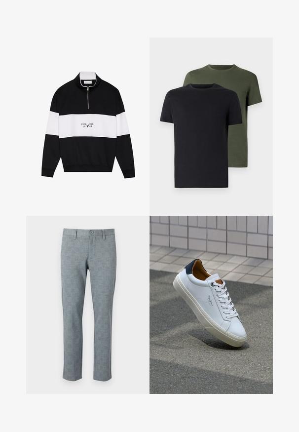 Pier One Bluză de molton - jet black; Două tricouri cu guler rotund, unul negru și unul verde măsliniu, realizate dintr-un material de bumbac moale. Designul este simplu, cu mâneci scurte și tăietură dreaptă.; Pantaloni texturati gri cu un model discret în carouri. Prezintă o închidere cu nasture și un design cu picior drept, fiind confecționați dintr-un material ușor.; Adidași din piele albă cu călcâi bleumarin, vârf rotund și accente contrastante de culoare maro. Dispun de șireturi plate și talpă din cauciuc texturat.
