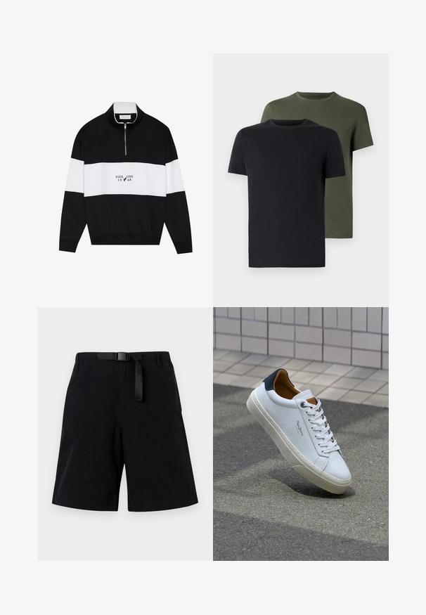 Pier One Sweatshirt - jet black; Zwei Rundhals-T-Shirts in Schwarz und Olivgrün, aus weichem Baumwollstoff gefertigt. Das Design ist schlicht mit kurzen Ärmeln und geradem Schnitt.; Schwarze Shorts aus glattem Stoff, ausgestattet mit einem schwarzen Gürtel und einer einzelnen Vorderasche. Gerades Design mit einem gesäumten Saum.; Weiße Ledersneaker mit navyfarbenem Fersenbereich, runder Zehenpartie und kontrastierenden braunen Akzenten. Verfügt über flache Schnürsenkel und eine strukturierte Gummisohle.