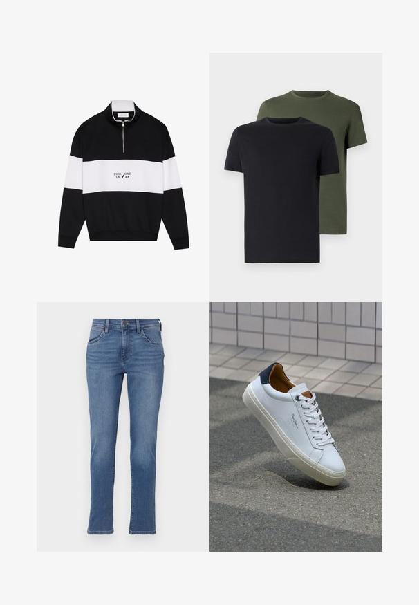 Pier One Sportska majica - jet black; Dva majica s okruglim izrezom u crnoj i maslinastoj boji, napravljena od mekanog pamučnog materijala. Dizajn je jednostavan s kratkim rukavima i ravnim krojem.; Plave traperice s ravnim krojem, koje sadrže prednje džepove, kopčanje na gumb i suptilno izbljeđivanje na tkanini.; Bijela kožna tenisica s mornarskom petom, okruglim vrhom i kontrastnim smešnim akcentima. Sadrži ravne vezice i teksturiranu gumenu potplat.