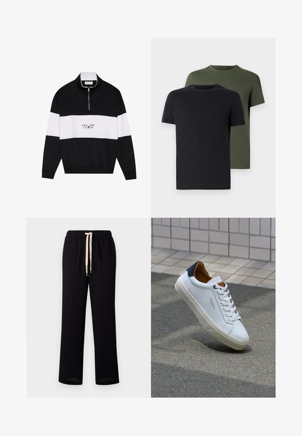 Pier One Sweatshirt - jet black; Zwei Rundhals-T-Shirts in Schwarz und Olivgrün, aus weichem Baumwollstoff gefertigt. Das Design ist schlicht mit kurzen Ärmeln und geradem Schnitt.; Schwarze Pull-on-Hosen mit einem elastischen Taillengummi, ausgestattet mit einer kontrastierenden cremefarbenen Zugkordel. Gerader Schnitt mit einer glatten Textur.; Weiße Ledersneaker mit navyfarbenem Fersenbereich, runder Zehenpartie und kontrastierenden braunen Akzenten. Verfügt über flache Schnürsenkel und eine strukturierte Gummisohle.