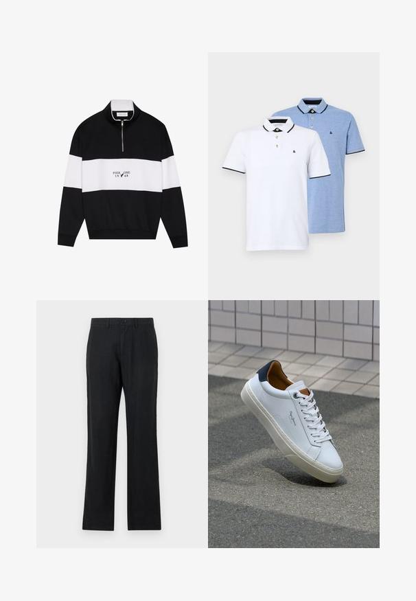 Pier One Melegítőfelső - jet black; Két póló: az egyik fehér fekete kiegészítőkkel, a másik világoskék melírozott. Mindkettő gallérral és két gombos gombolással rendelkezik, logo-val.; Könnyű anyagból készült fekete nadrág, testre szabott szabás, egyenes szárak, gombos záródással és elülső zsebekkel. Sima textúra.; Fehér bőr sneaker sötétkék sarkúval, kerek orral és kontrasztos barna részletekkel. Lapított fűzőkkel és textúrált gumitalppal rendelkezik.