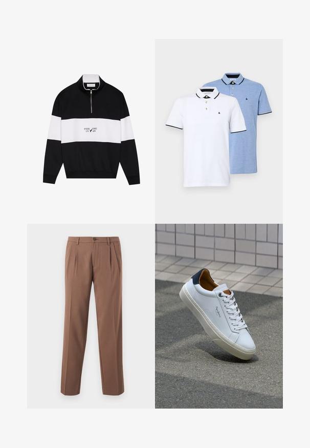 Pier One Sweatshirt - jet black; Two polo shirts: one white with black accents, the other light blue heather. Each features a collar and two-button placket with logo.; Brown pleated trousers with a straight-leg design, featuring a single button closure and smooth, textured fabric.; White leather sneaker with a navy heel, round toe, and contrasting brown accents. Features flat laces and textured rubber sole.