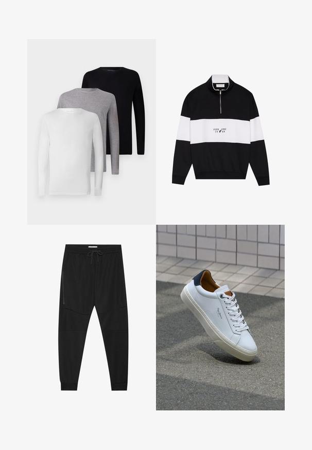 Pier One Sportska majica - jet black; Set od pet majica dugih rukava: crna, bijela, siva. Izrađene su od pamuka, imaju okrugle izreze i jednostavne dizajne, bez ukrasa.; Crne sportske hlače od teksturirane tkanine, s podesivim pojasom, bočnim džepom sa zatvaračem i suženim manžetama.; Bijela kožna tenisica s mornarskom petom, okruglim vrhom i kontrastnim smešnim akcentima. Sadrži ravne vezice i teksturiranu gumenu potplat.