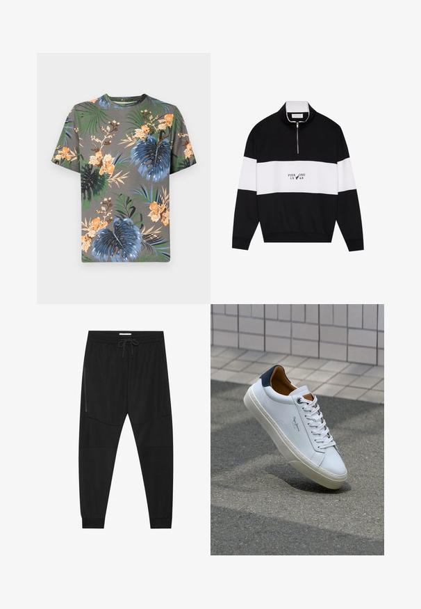 Pier One Collegepaita - jet black; Lyhythihainen t-paita harmaasta puuvillasta, jossa on trooppinen kukkakuosi oranssilla, sinisellä, vihreällä ja beigen värillä, sisältäen erilaisia lehtikuoseja.; Mustat urheiluhousut, jotka on valmistettu teksturoidusta kankaasta. Housuissa on säädettävä vyötärö, vetoketjullinen sivutasku ja kapenevat hihnat.; Valkoinen nahkakenkä, jossa on tummansininen kantapää, pyöreä kärki ja ristikkäiset ruskeat korostukset. Varustettu tasapaksuilla nauhoilla ja teksturoidulla kumipohjalla.