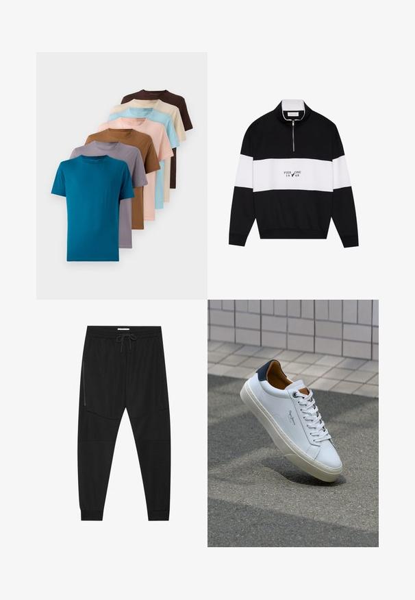 Pier One Sweatshirt - jet black; Sæt af otte rundhalsede t-shirts i forskellige farver: teal, brun, beige, lyseblå, lyserød, grå og lavendel, lavet af glat stof.; Sorte træningsbukser lavet af tekstureret stof, med justerbar talje, lynlåslomme på siden og tapered cuffs.; Hvide lædersneakers med en marineblå hæl, rund tå og kontrasterende brune detaljer. Har flade snørebånd og en tekstureret gummisål.