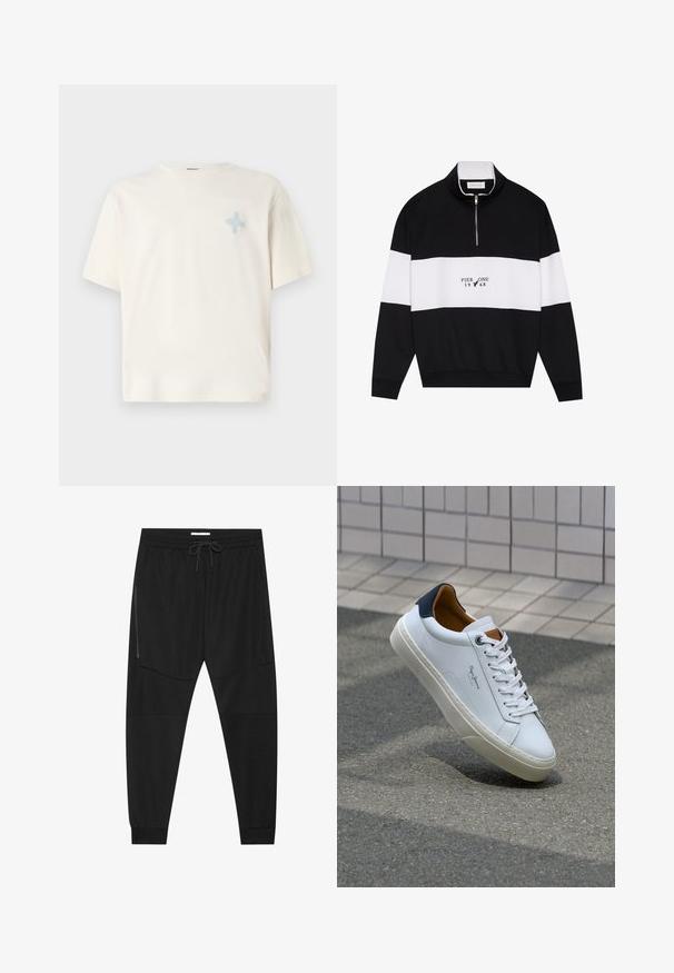 Pier One Sweatshirt - jet black; Cremfarbendes T-Shirt mit kurzen Ärmeln aus Baumwolle, versehen mit einem hellblauen gestickten Design auf der linken Brust. Klassischer Rundhals-Ausschnitt, lockere Passform.; Schwarze Sporthosen aus strukturiertem Stoff, mit verstellbarem Bund, seitlicher Reißverschlusstasche und schmal zulaufenden Bündchen.; Weiße Ledersneaker mit navyfarbenem Fersenbereich, runder Zehenpartie und kontrastierenden braunen Akzenten. Verfügt über flache Schnürsenkel und eine strukturierte Gummisohle.