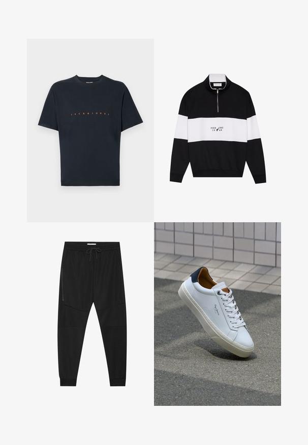 Pier One Športni pulover - jet black; Črna bombažna majica s kratkimi rokavi in krožnim ovratnikom. Spredaj je napisan "JACK & JONES" s poudarjenimi oranžnimi črkami. Gladka tekstura.; Črne športne hlače iz teksturirane tkanine, z nastavljivim pasom, stranskim žepom na zadrgo in zoženimi manšeti.; Beli usnjeni čevelj s plavo peto, okrogelimi prsti in kontrastnimi rjavimi detajli. Ima ravne vezalke in teksturiran gumijast podplat.