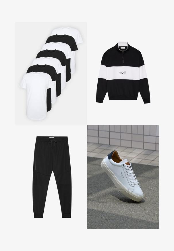 Pier One Sportska majica - jet black; Set od osam majica s okruglim izrezom u crnoj i bijeloj boji. Pamuk, kratki rukavi, standardni kroj, glatka tekstura, s detaljima oznake.; Crne sportske hlače od teksturirane tkanine, s podesivim pojasom, bočnim džepom sa zatvaračem i suženim manžetama.; Bijela kožna tenisica s mornarskom petom, okruglim vrhom i kontrastnim smešnim akcentima. Sadrži ravne vezice i teksturiranu gumenu potplat.