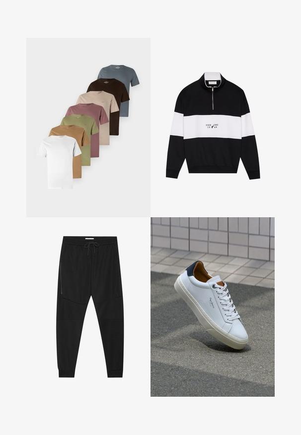 Pier One Mikina - jet black; Osm triček s krátkým rukávem vystavených v řadě, s různými barvami: bílá, zelená, hnědá, růžová, béžová a modrá. Jednoduchý design s kulatým výstřihem.; Černé sportovní kalhoty vyrobené z texturované tkaniny, s nastavitelným pasem, boční kapsou na zip a siženými manžetami.; Bílé kožené tenisky s námořnickým podpatkem, kulatou špičkou a kontrastními hnědými detaily. Obsahují ploché tkaničky a texturovanou gumovou podrážku.