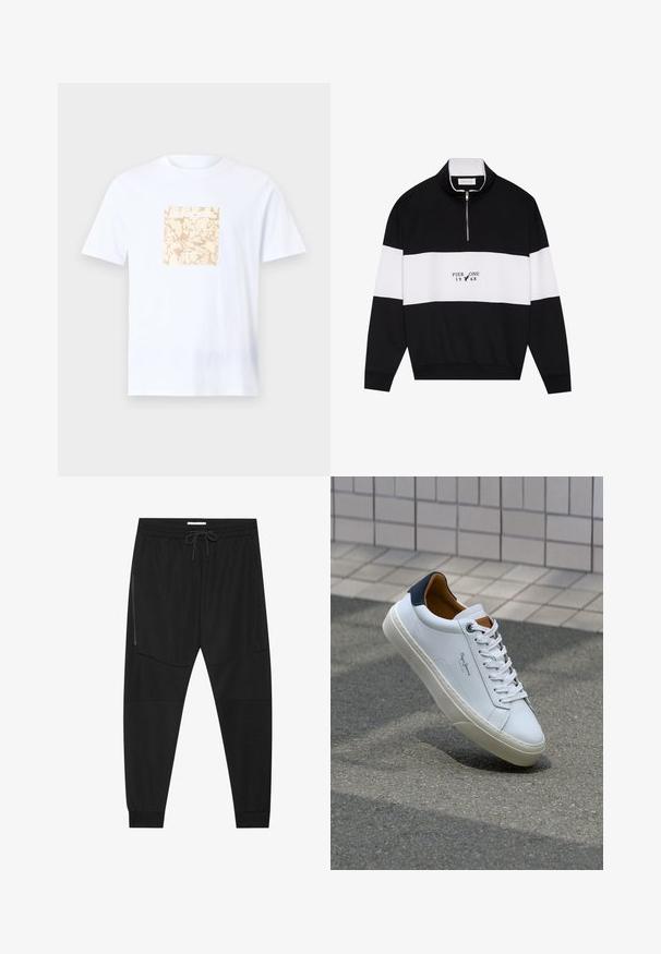 Pier One Sweatshirt - jet black; Hvid bomulds t-shirt med et firkantet beige grafisk motiv med et tekstureret mønster i midten. Korte ærmer og rund halsudskæring.; Sorte træningsbukser lavet af tekstureret stof, med justerbar talje, lynlåslomme på siden og tapered cuffs.; Hvide lædersneakers med en marineblå hæl, rund tå og kontrasterende brune detaljer. Har flade snørebånd og en tekstureret gummisål.