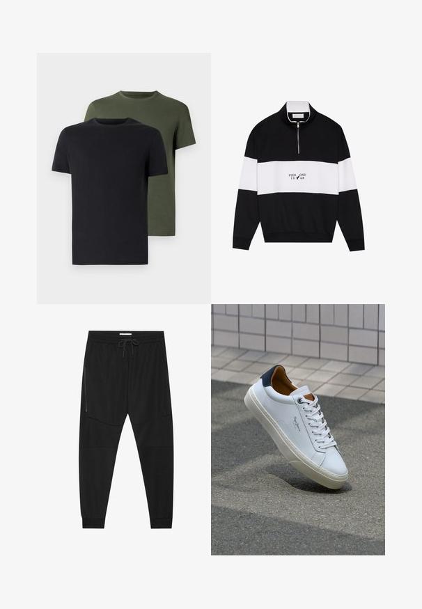 Pier One Sportinis megztinis - jet black; Du vtų polo marškiniai juodos ir alyvuogių spalvos, pagaminti iš minkštos medvilnės. Dizainas yra paprastas, su trumpomis rankovėmis ir tiesiu kirpimu.; Juodos sportinės kelnės, pagamintos iš tekstūruoto audinio, su reguliuojamu juosmeniu, šoniniu užtrauktuku užtraukiamu kišeniu ir siaurėjančiomis rankovėmis.; Balti odiniai sportbačiai su mėlynu kulnu, apvalia nosimi ir kontrastingais rudais akcentais. Aptakios raišteliai ir tekstūruota guma.