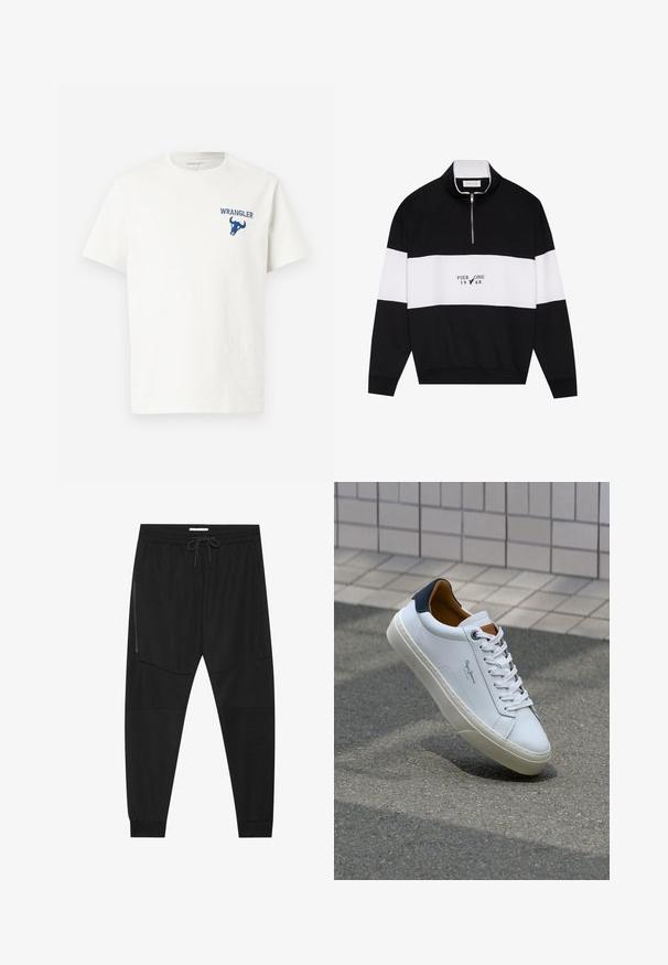 Pier One Sweatshirt - jet black; Hvit bomull t-skjorte med blå Wrangler-logo og oksegrafikk på venstre brystområde. Korte ermer og rund hals.; Sorte treningsbukser laget av teksturert stoff, med justerbart liv, glidelåslomme på siden og avsmalnende mansjetter.; Hvit lærsneaker med marineblå hæl, rund tå og kontrasterende brune detaljer. Har flate lisser og teksturert gummisåle.