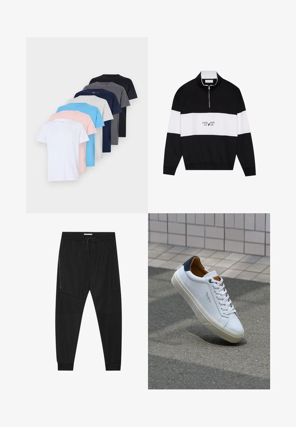 Pier One Športni pulover - jet black; Nabor osmih majic v različnih barvah: bela, roza, svetlo modra, siva, mornarsko modra, temno siva in črna. Narejene iz mehkega bombaža s krožnim izrezom.; Črne športne hlače iz teksturirane tkanine, z nastavljivim pasom, stranskim žepom na zadrgo in zoženimi manšeti.; Beli usnjeni čevelj s plavo peto, okrogelimi prsti in kontrastnimi rjavimi detajli. Ima ravne vezalke in teksturiran gumijast podplat.