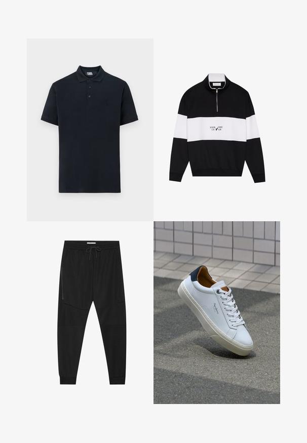 Pier One Mikina - jet black; Námořnická polo košile z bavlny, s klasickým límcem, třemi knoflíky a vyšitou logem na levé hrudi. Krátké rukávy, hladká textura.; Černé sportovní kalhoty vyrobené z texturované tkaniny, s nastavitelným pasem, boční kapsou na zip a siženými manžetami.; Bílé kožené tenisky s námořnickým podpatkem, kulatou špičkou a kontrastními hnědými detaily. Obsahují ploché tkaničky a texturovanou gumovou podrážku.