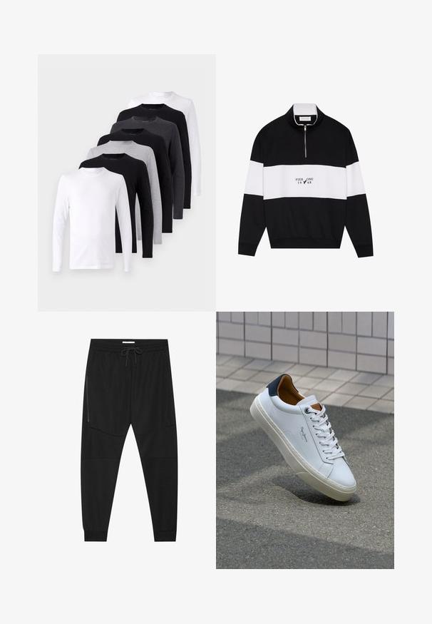 Pier One Bluză de molton - jet black; Set de tricouri cu mânecă lungă în culorile negru, alb și gri. Material din bumbac, design cu guler rotund, textură netedă fără modele sau accente.; Pantaloni atletici negri dintr-un material texturat, cu un talie ajustabilă, buzunar lateral cu fermoar și mansete tapered.; Adidași din piele albă cu călcâi bleumarin, vârf rotund și accente contrastante de culoare maro. Dispun de șireturi plate și talpă din cauciuc texturat.