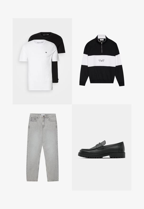 Pier One Collegepaita - jet black; Kaksi puuvillahihapaitaa: yksi valkoinen, jossa on pieni logo rinnassa, ja yksi musta. Molemmissa on lyhyet hihat ja klassinen pyöreä pääntie.; Vaaleanharmaat farkut, joissa on suora lahje, viisi taskua ja nappisulku. Saumojen varrella näkyvä ompelu.; Musta nahkaloafers, joissa on pyöreä kärki, ommeltu pinta, matala alusta ja kuvioitu, kuminen ulkopohja.